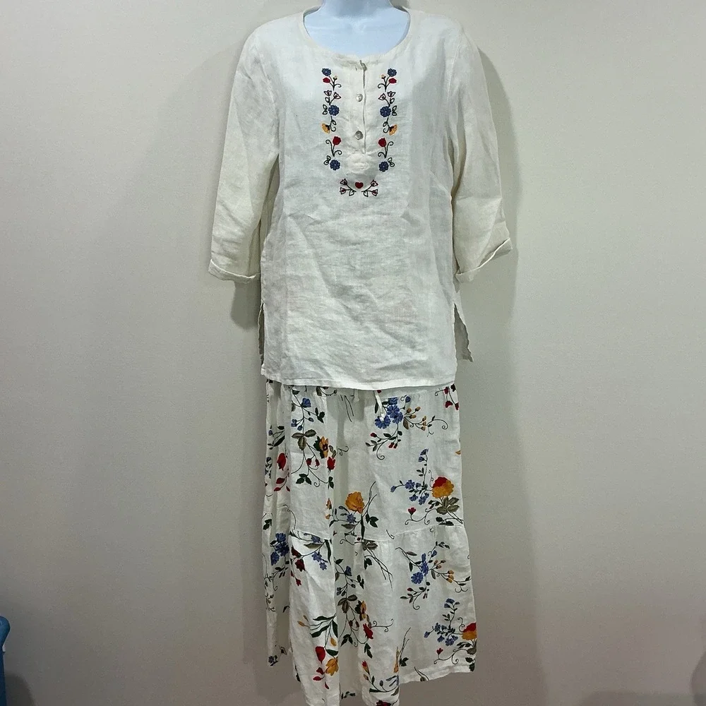 VTG 100% Linen 2pc Set Made‎ USA Hot Cotton Small Cottagecore Floral Tiered